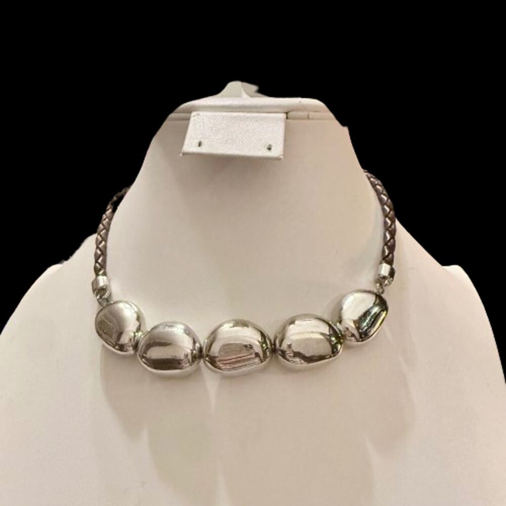 Ralph Lauren Silver Modernist Brown Leather Collar Necklace
